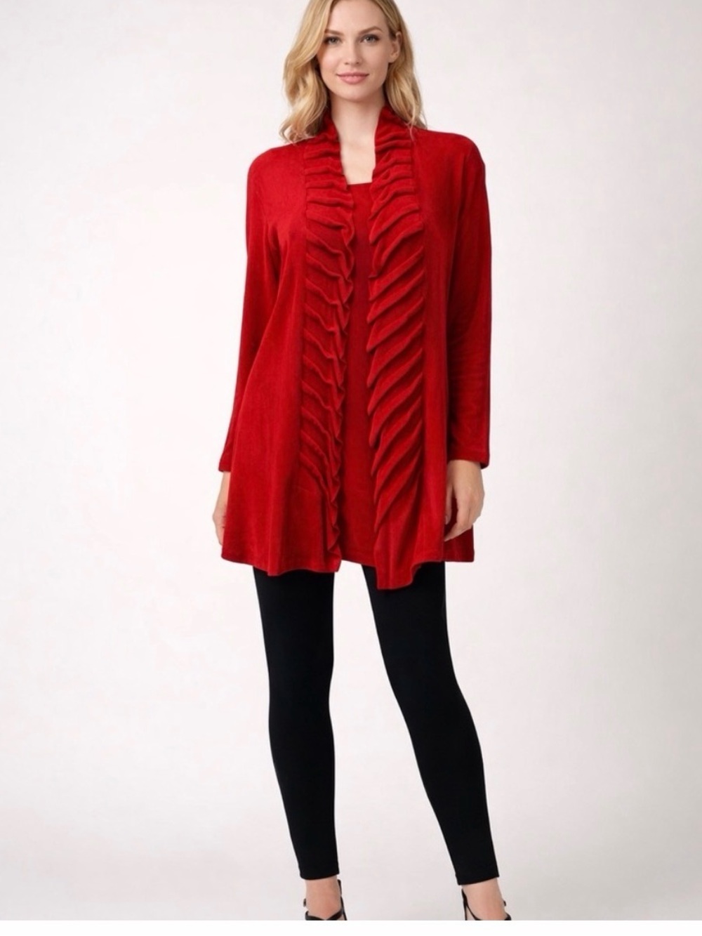 Chico’s Travelers Red Ruffle Jacket Size 1/Small Open Front Long Cardigan